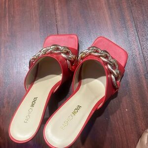 Fashion Nova Red Mules with Gold Chain